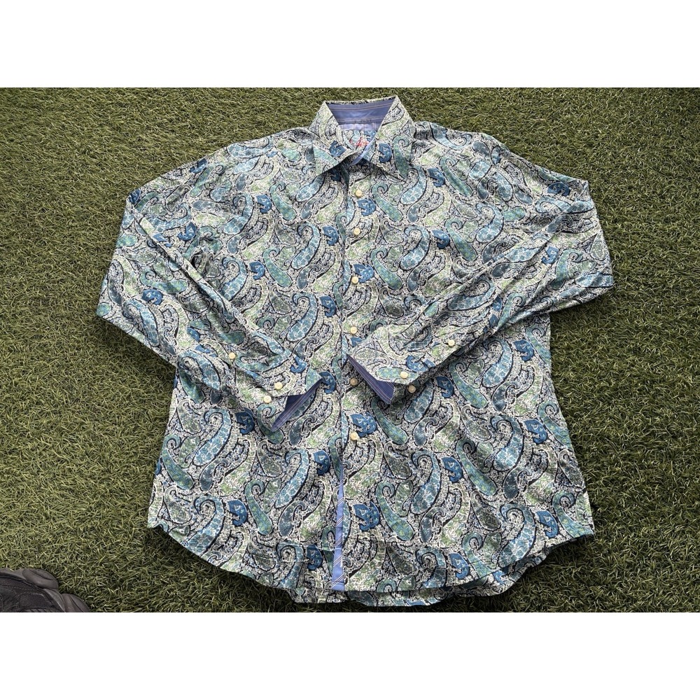 Robert Graham Blue Green Floral Paisley Print Regimental Cuff Shirt Large